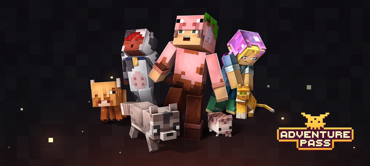 Minecraft characters along with their pets in the Adventure Pass